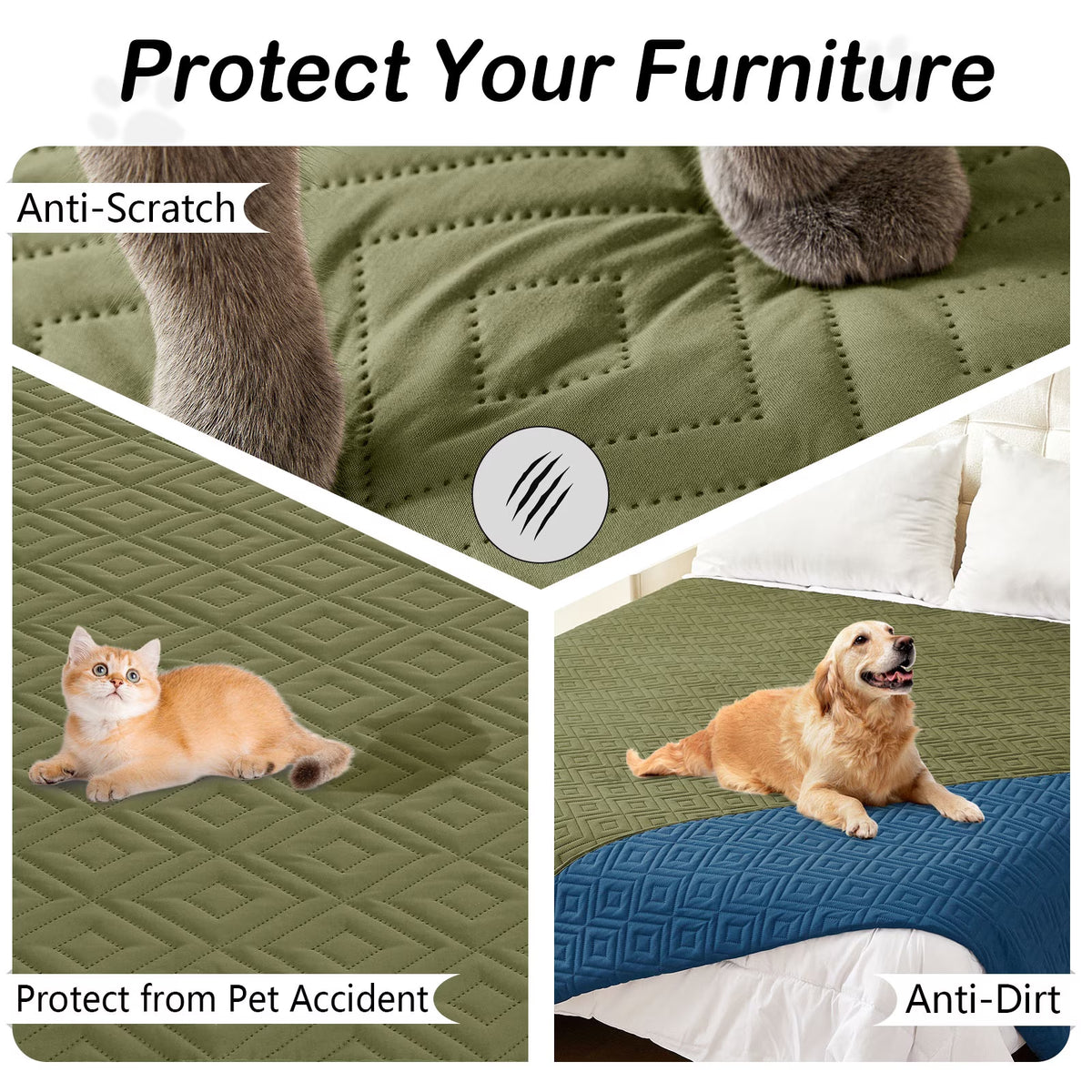 Waterproof Dog Couch Covers, Washable Dog Blankets for Sofa & Bed, Reversible Furniture Protector for Pets (30X70 Inch, Green/Navy)