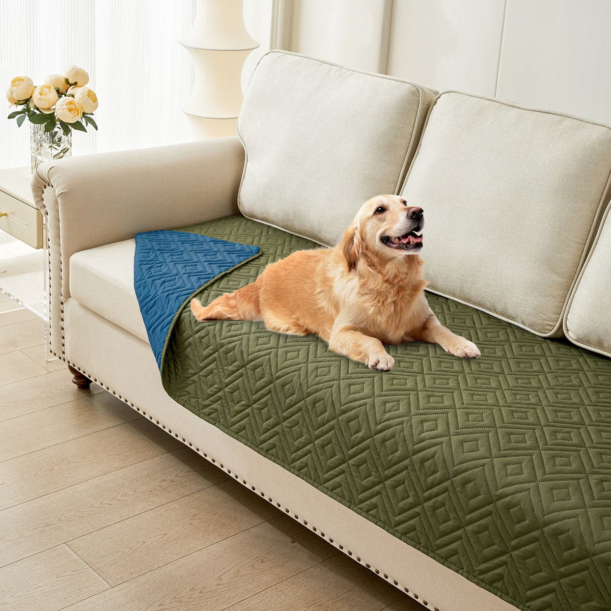 Waterproof Dog Couch Covers, Washable Dog Blankets for Sofa & Bed, Reversible Furniture Protector for Pets (30X70 Inch, Green/Navy)