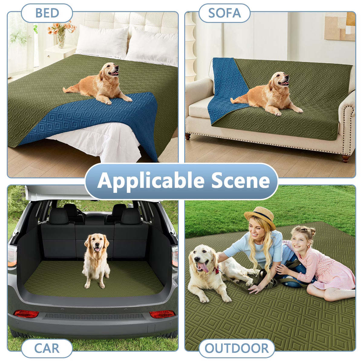 Waterproof Dog Couch Covers, Washable Dog Blankets for Sofa & Bed, Reversible Furniture Protector for Pets (30X70 Inch, Green/Navy)